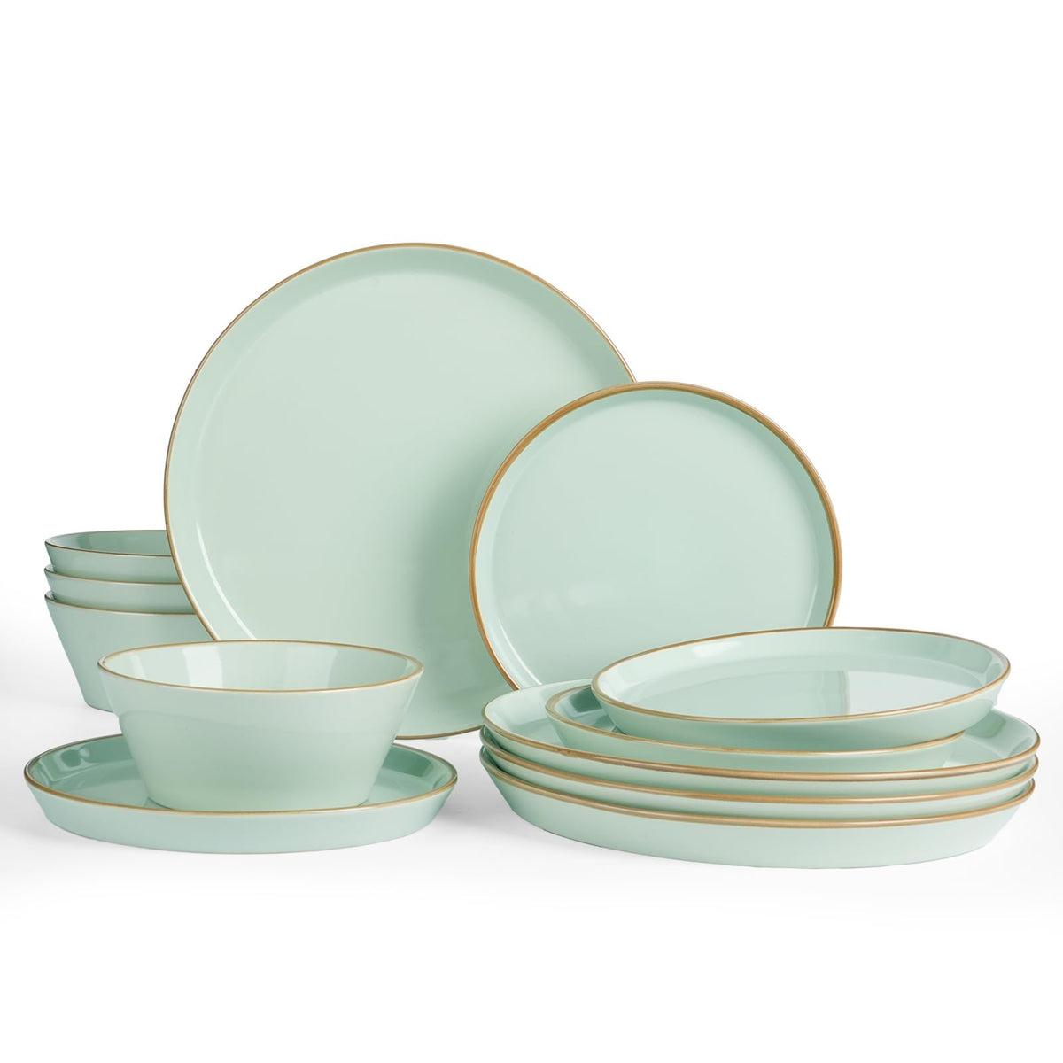 Famiware Saturn Dinnerware Sets, Ceramic Dishes for 4, Rimmed Plates, Bowls | Light Blue, 12-Piece Microwave and Dishwasher Safe Stoneware, Chip & Scratch Resistant, Modern Rustic Tableware, Everyday Use