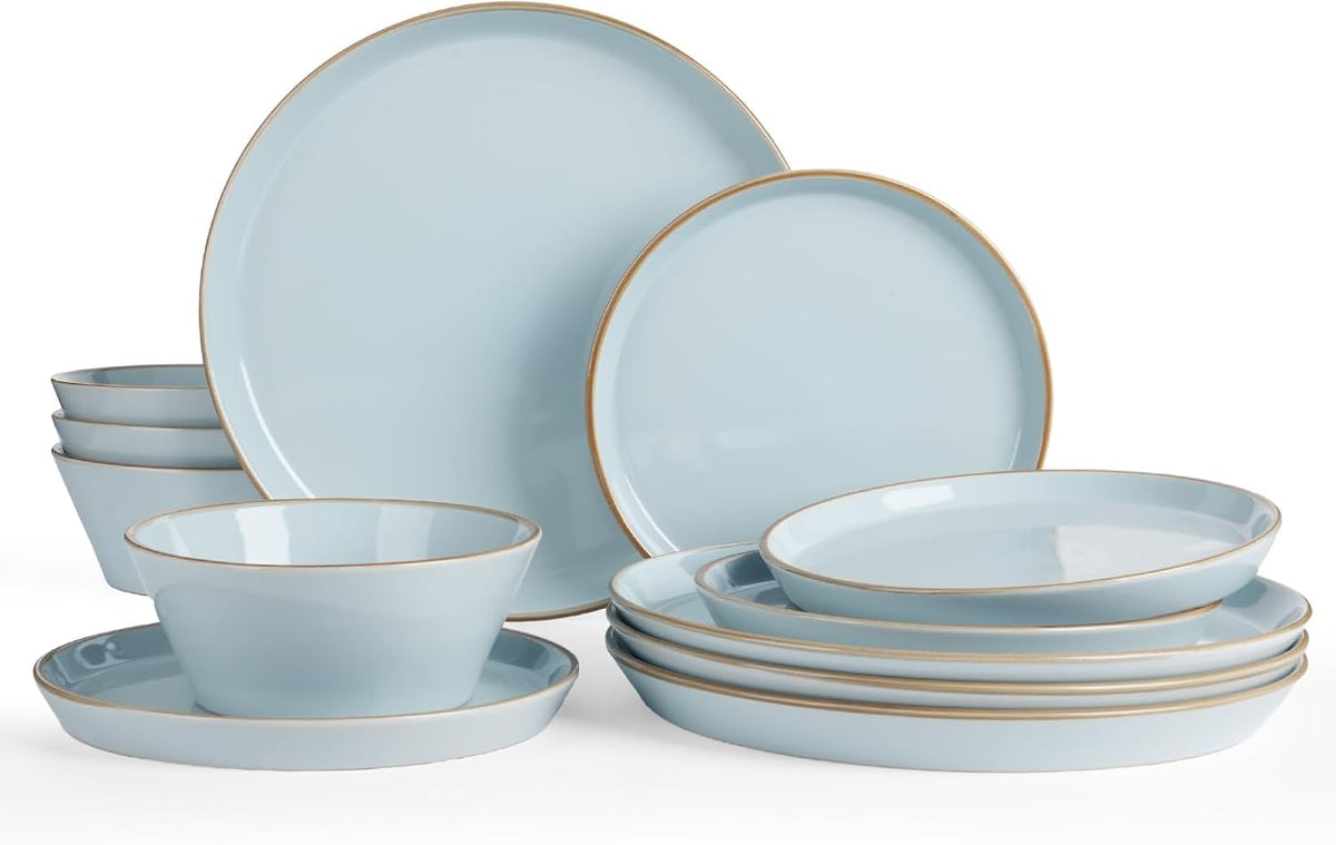 Famiware Saturn Dinnerware Sets, Ceramic Dishes for 4, Rimmed Plates, Bowls | Light Blue, 12-Piece Microwave and Dishwasher Safe Stoneware, Chip & Scratch Resistant, Modern Rustic Tableware, Everyday Use