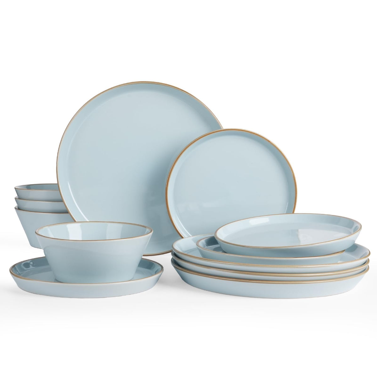 Famiware Saturn Dinnerware Sets, Ceramic Dishes for 4, Rimmed Plates, Bowls | Light Blue, 12-Piece Microwave and Dishwasher Safe Stoneware, Chip & Scratch Resistant, Modern Rustic Tableware, Everyday Use