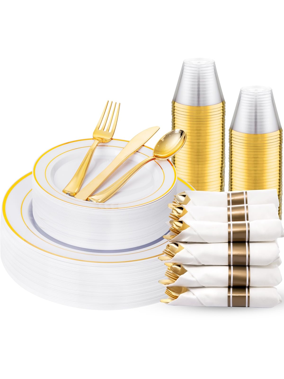 350 Pieces Black and Gold Plastic Plates with Disposable Silverware, Include 50 Dinner Plates 9”, 50 Dessert Plates 6.3”, 50 Black Cups 9 OZ, 50 Pre Rolled Napkins for Wedding/Party/Birthday/Halloween