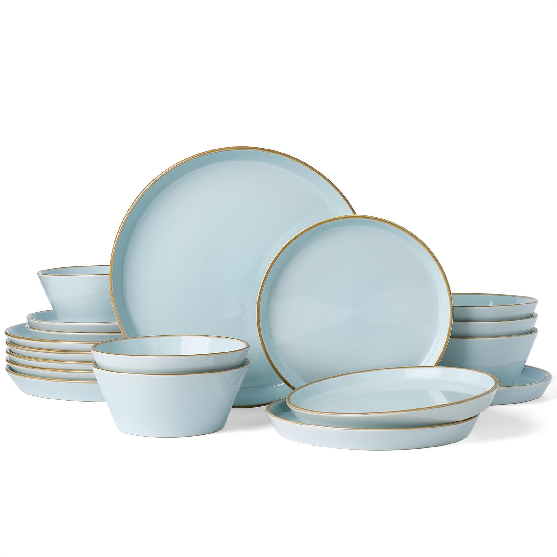 Famiware Saturn Dinnerware Sets, Ceramic Dishes for 4, Rimmed Plates, Bowls | Light Blue, 12-Piece Microwave and Dishwasher Safe Stoneware, Chip & Scratch Resistant, Modern Rustic Tableware, Everyday Use