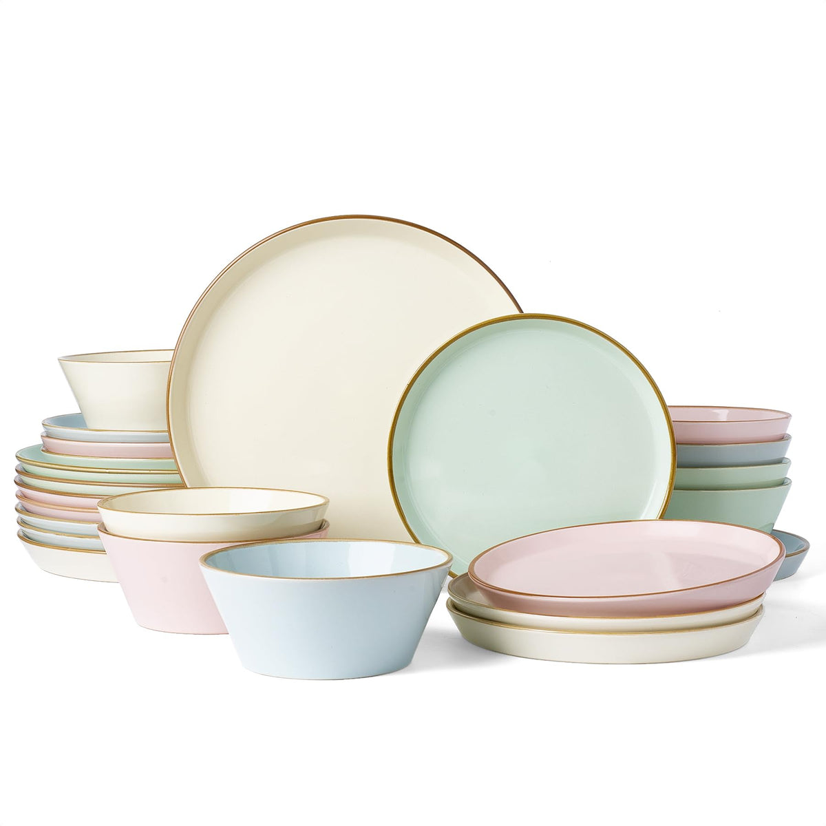 Famiware Saturn Dinnerware Sets, Ceramic Dishes for 4, Rimmed Plates, Bowls | Light Blue, 12-Piece Microwave and Dishwasher Safe Stoneware, Chip & Scratch Resistant, Modern Rustic Tableware, Everyday Use