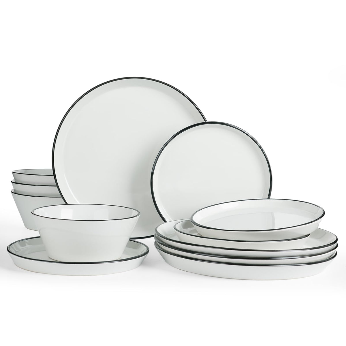 Famiware Saturn Dinnerware Sets, Ceramic Dishes for 4, Rimmed Plates, Bowls | Light Blue, 12-Piece Microwave and Dishwasher Safe Stoneware, Chip & Scratch Resistant, Modern Rustic Tableware, Everyday Use