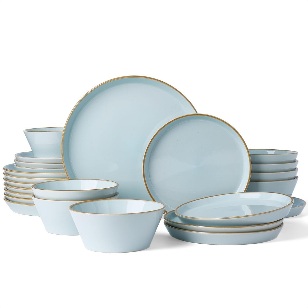 Famiware Saturn Dinnerware Sets, Ceramic Dishes for 4, Rimmed Plates, Bowls | Light Blue, 12-Piece Microwave and Dishwasher Safe Stoneware, Chip & Scratch Resistant, Modern Rustic Tableware, Everyday Use