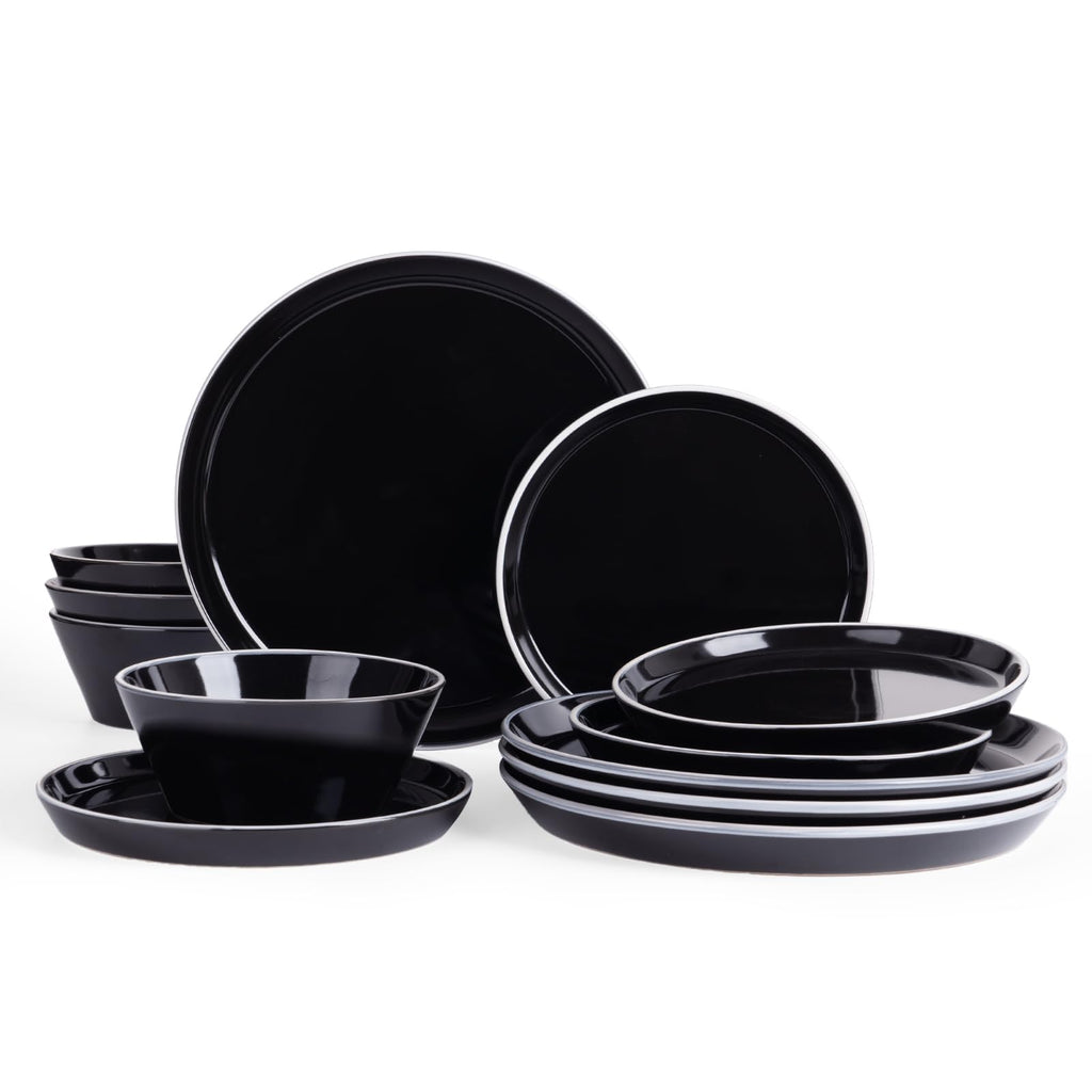 Famiware Saturn Dinnerware Sets, Ceramic Dishes for 4, Rimmed Plates, Bowls | Light Blue, 12-Piece Microwave and Dishwasher Safe Stoneware, Chip & Scratch Resistant, Modern Rustic Tableware, Everyday Use