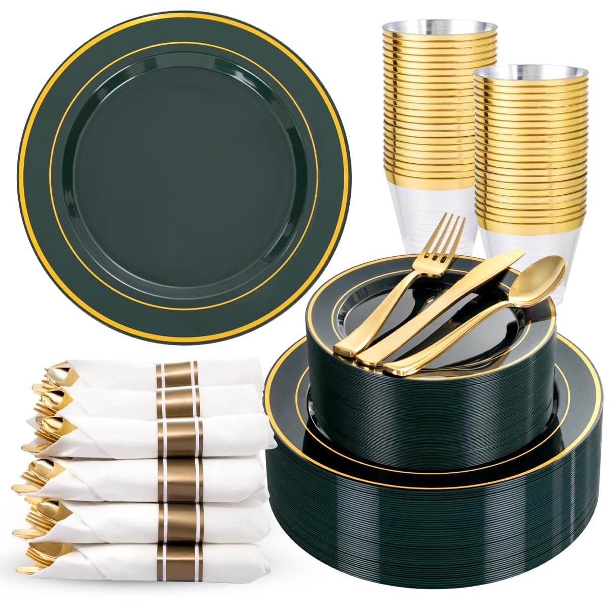 350 Pieces Black and Gold Plastic Plates with Disposable Silverware, Include 50 Dinner Plates 9”, 50 Dessert Plates 6.3”, 50 Black Cups 9 OZ, 50 Pre Rolled Napkins for Wedding/Party/Birthday/Halloween