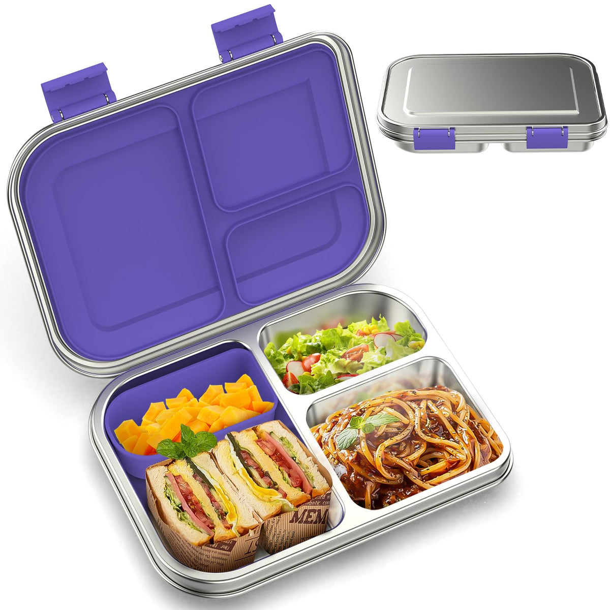 BOSEDSANG Stainless Steel Kids Leak-Resistant Bento Lunch Box, 3-Compartments with Silicone Container, Dishwasher-Safe, Child-Friendly Design for School, Picnics & Travel,BPA-Free (Blue)