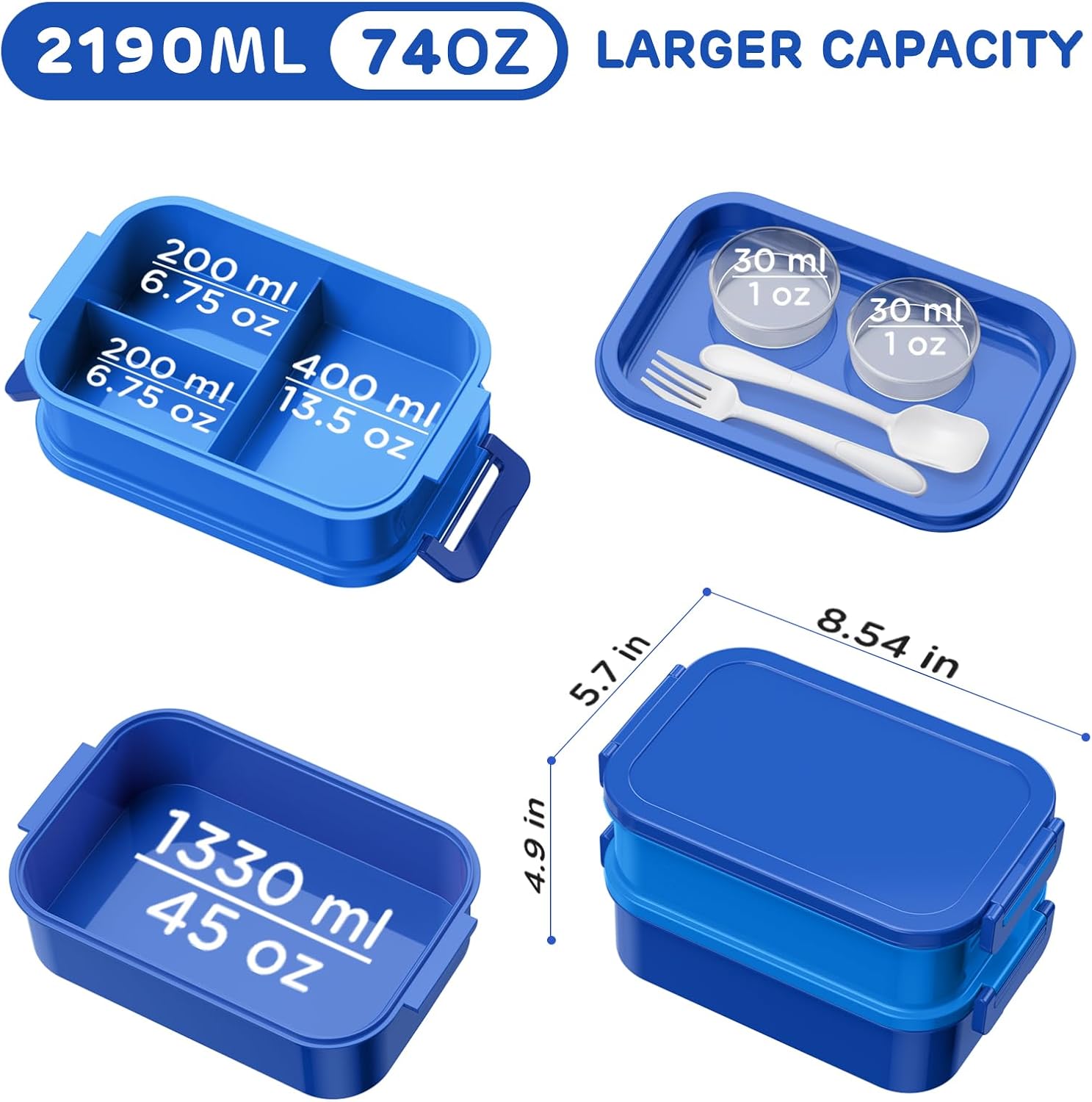 DaCool Bento Box Adults Lunch Container - 74 OZ Stackable Leakproof Bento Lunch Box for Adults Men Boys Teens Large Lunch Box Containers-Blue