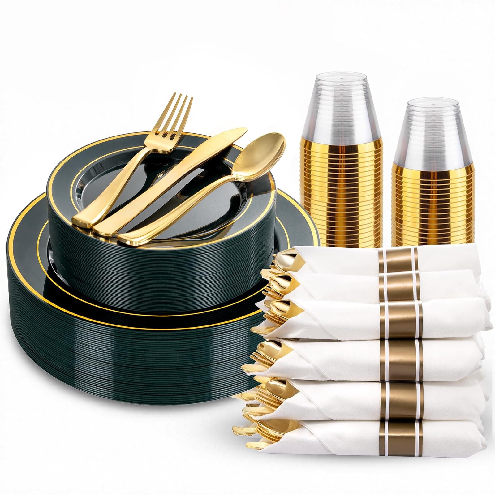 350 Pieces Black and Gold Plastic Plates with Disposable Silverware, Include 50 Dinner Plates 9”, 50 Dessert Plates 6.3”, 50 Black Cups 9 OZ, 50 Pre Rolled Napkins for Wedding/Party/Birthday/Halloween