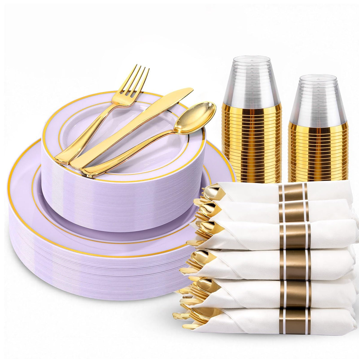 350 Pieces Black and Gold Plastic Plates with Disposable Silverware, Include 50 Dinner Plates 9”, 50 Dessert Plates 6.3”, 50 Black Cups 9 OZ, 50 Pre Rolled Napkins for Wedding/Party/Birthday/Halloween