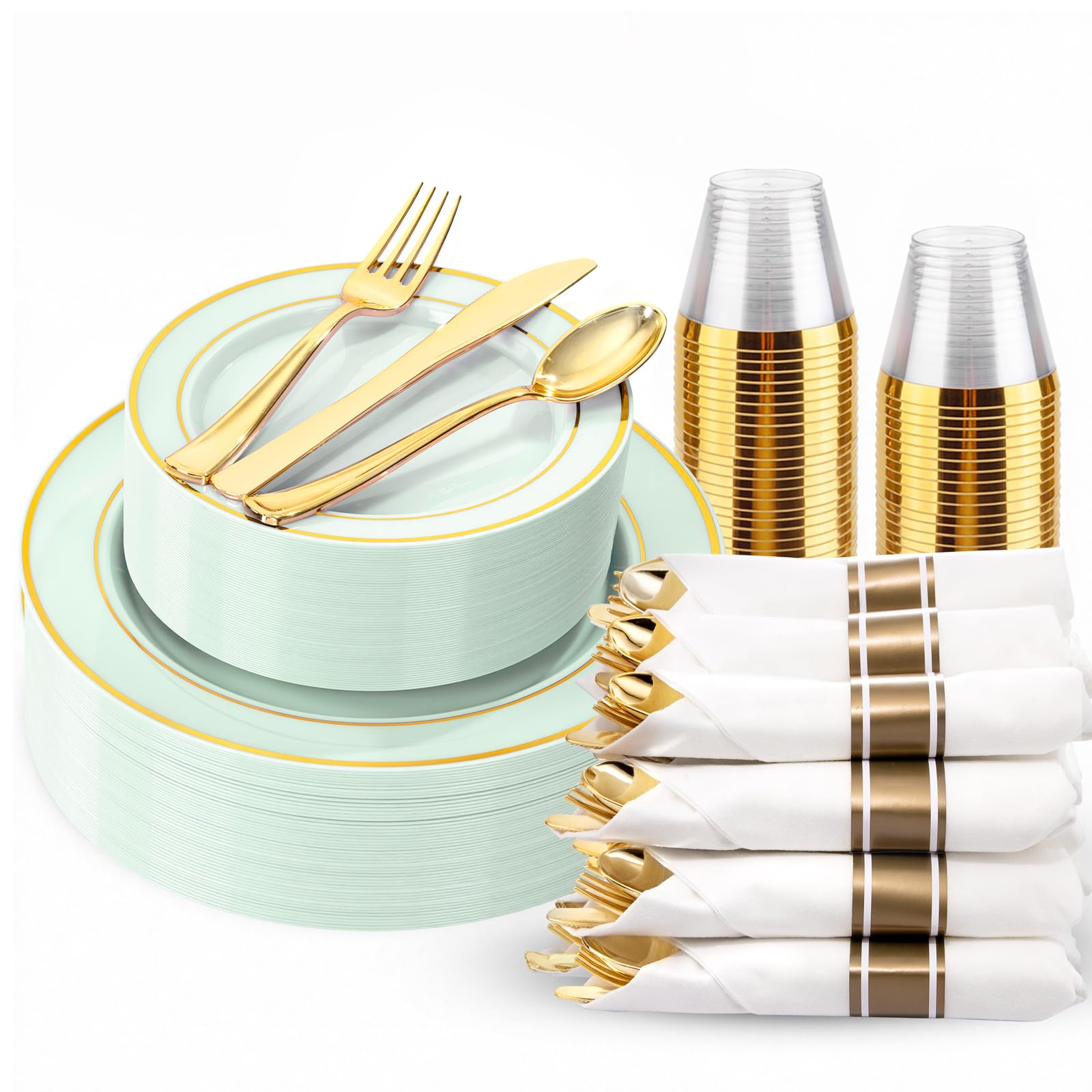 350 Pieces Black and Gold Plastic Plates with Disposable Silverware, Include 50 Dinner Plates 9”, 50 Dessert Plates 6.3”, 50 Black Cups 9 OZ, 50 Pre Rolled Napkins for Wedding/Party/Birthday/Halloween