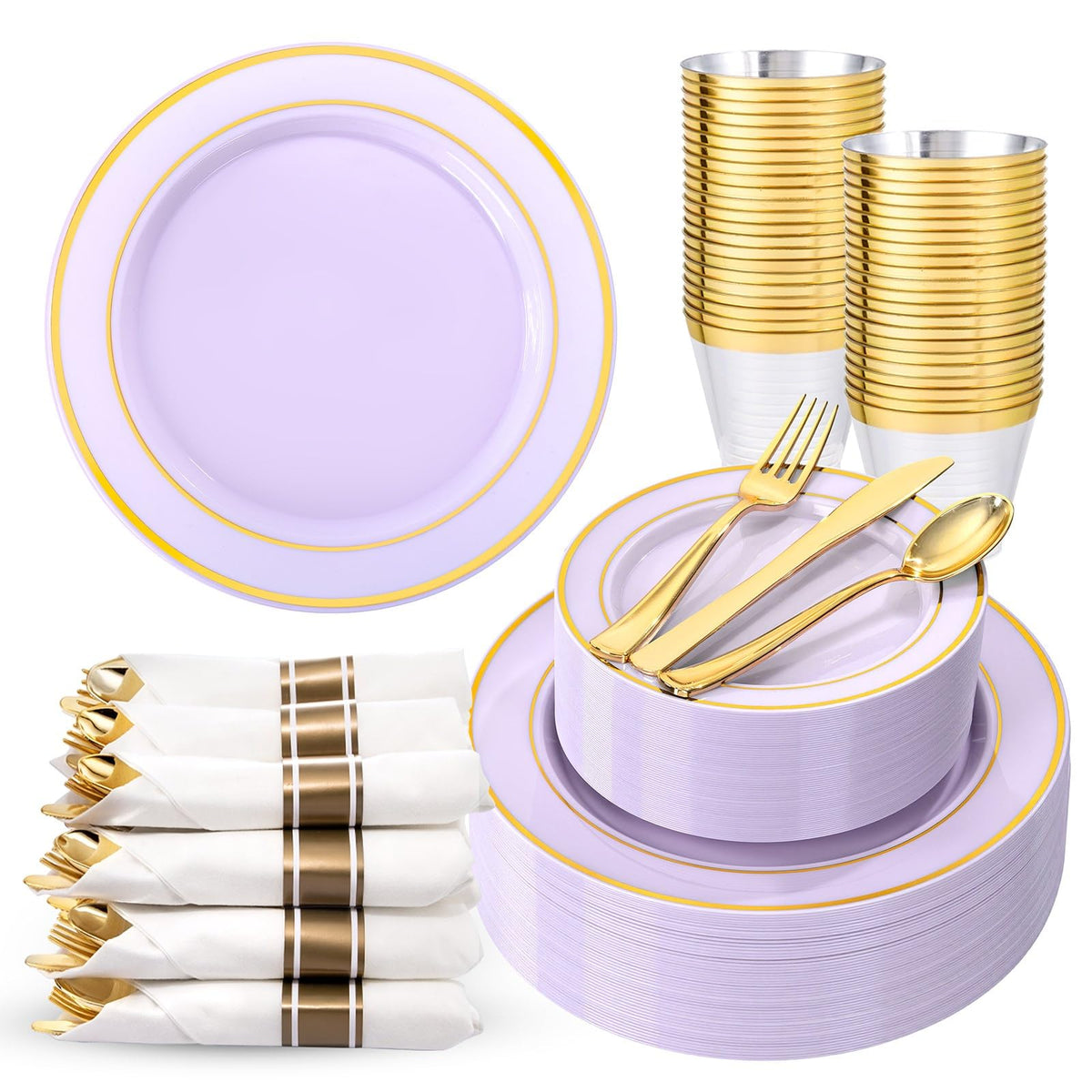 350 Pieces Black and Gold Plastic Plates with Disposable Silverware, Include 50 Dinner Plates 9”, 50 Dessert Plates 6.3”, 50 Black Cups 9 OZ, 50 Pre Rolled Napkins for Wedding/Party/Birthday/Halloween
