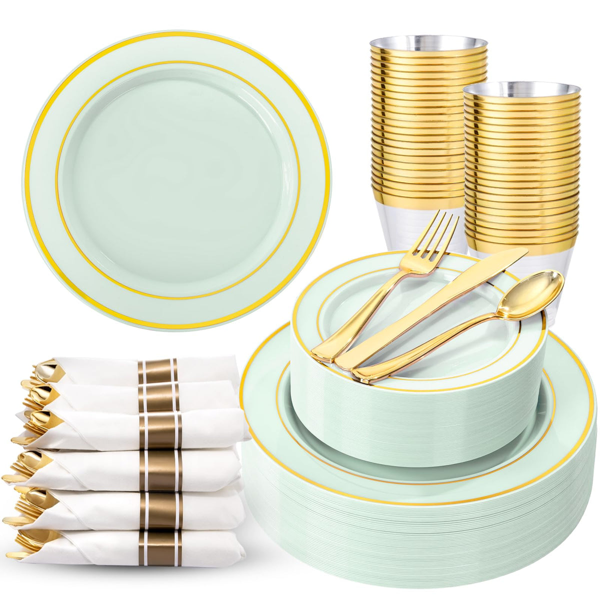 350 Pieces Black and Gold Plastic Plates with Disposable Silverware, Include 50 Dinner Plates 9”, 50 Dessert Plates 6.3”, 50 Black Cups 9 OZ, 50 Pre Rolled Napkins for Wedding/Party/Birthday/Halloween