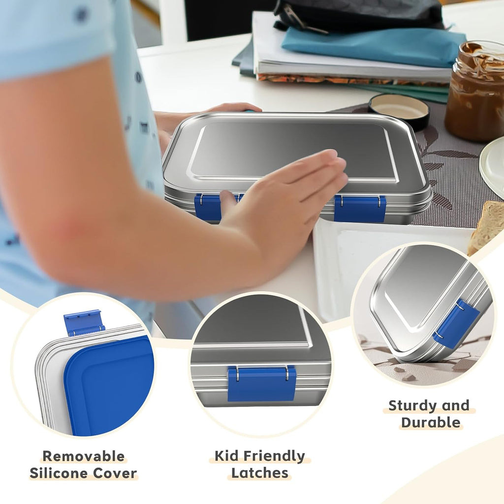 BOSEDSANG Stainless Steel Kids Leak-Resistant Bento Lunch Box, 3-Compartments with Silicone Container, Dishwasher-Safe, Child-Friendly Design for School, Picnics & Travel,BPA-Free (Blue)