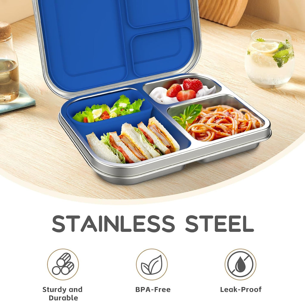 BOSEDSANG Stainless Steel Kids Leak-Resistant Bento Lunch Box, 3-Compartments with Silicone Container, Dishwasher-Safe, Child-Friendly Design for School, Picnics & Travel,BPA-Free (Blue)