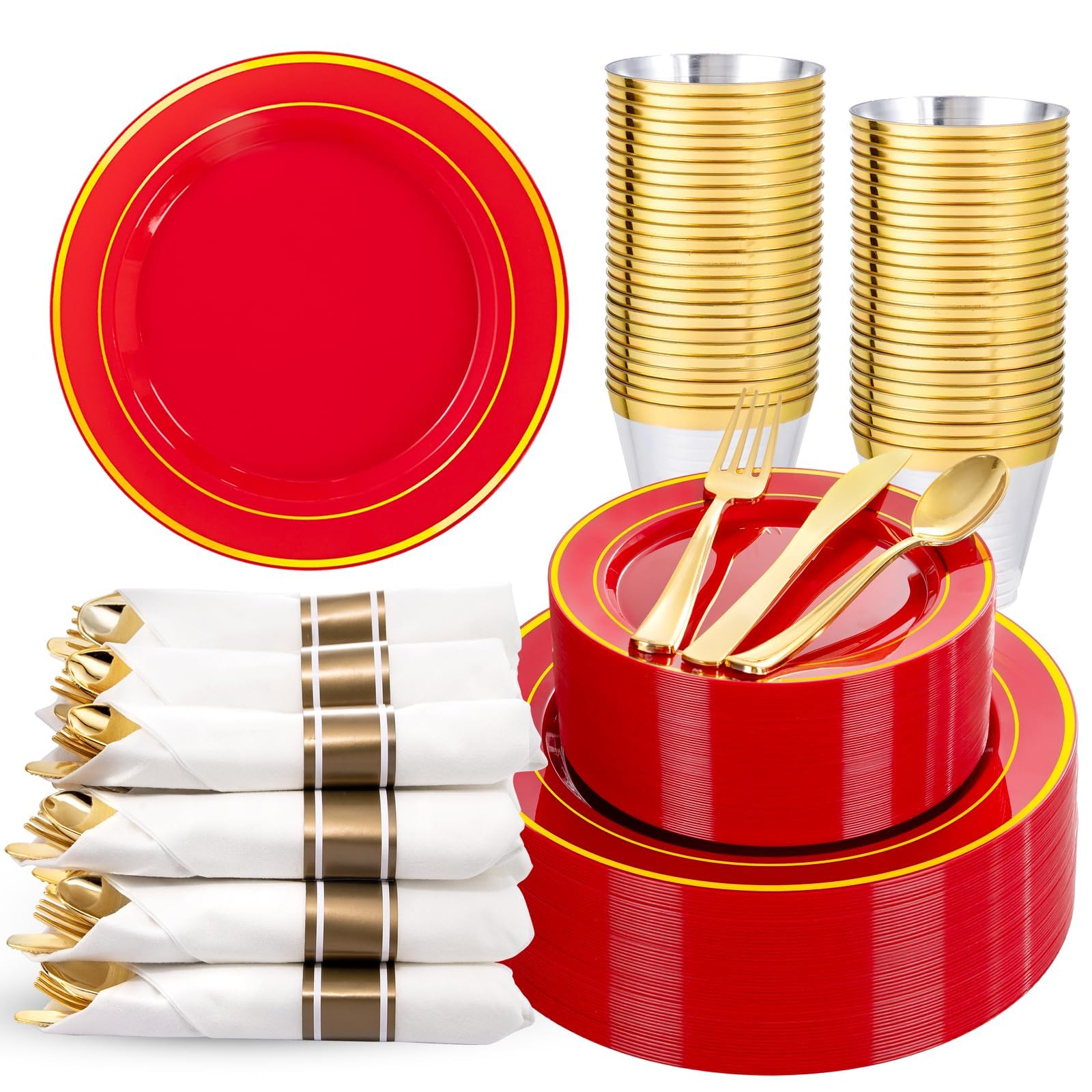 350 Pieces Black and Gold Plastic Plates with Disposable Silverware, Include 50 Dinner Plates 9”, 50 Dessert Plates 6.3”, 50 Black Cups 9 OZ, 50 Pre Rolled Napkins for Wedding/Party/Birthday/Halloween