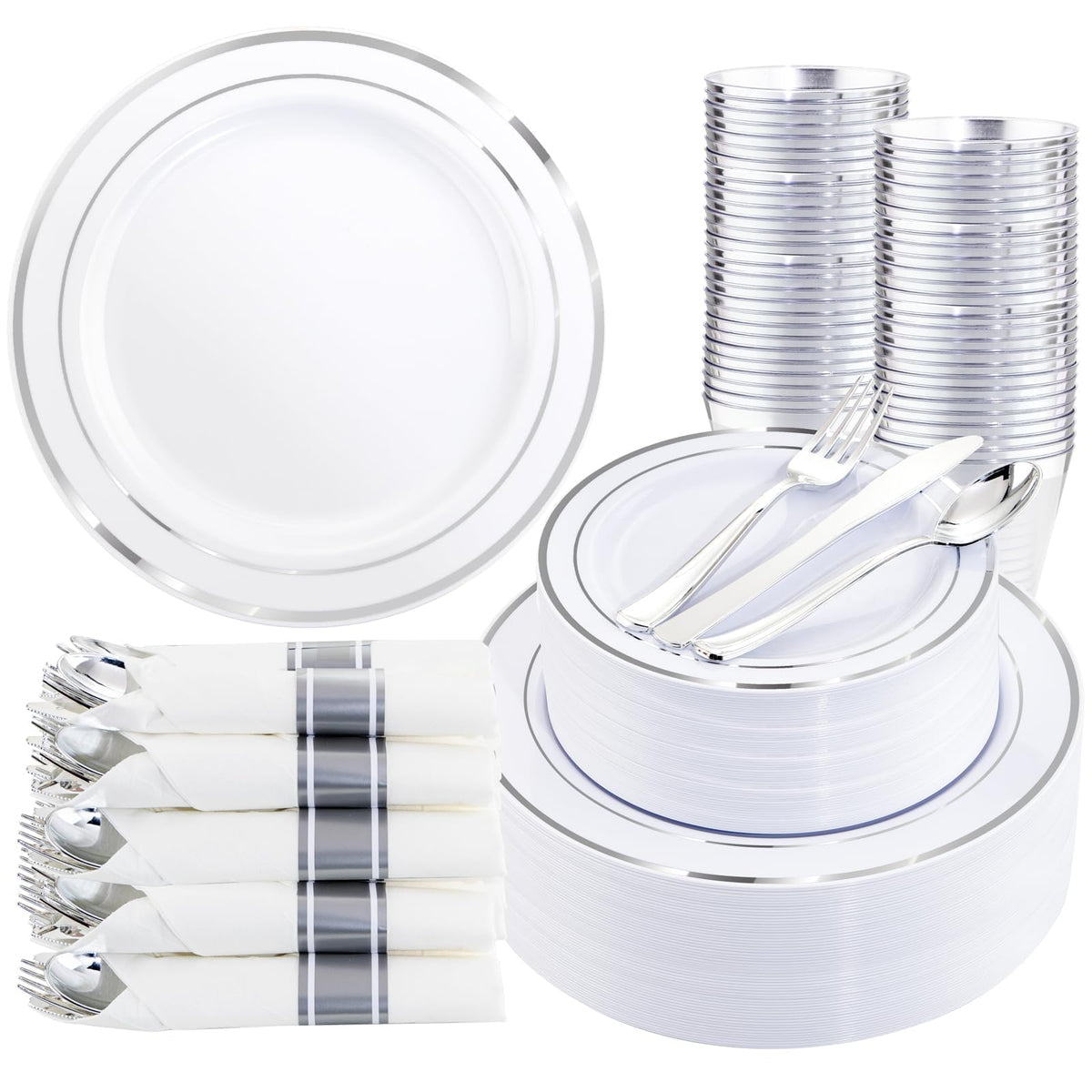 350 Pieces Black and Gold Plastic Plates with Disposable Silverware, Include 50 Dinner Plates 9”, 50 Dessert Plates 6.3”, 50 Black Cups 9 OZ, 50 Pre Rolled Napkins for Wedding/Party/Birthday/Halloween