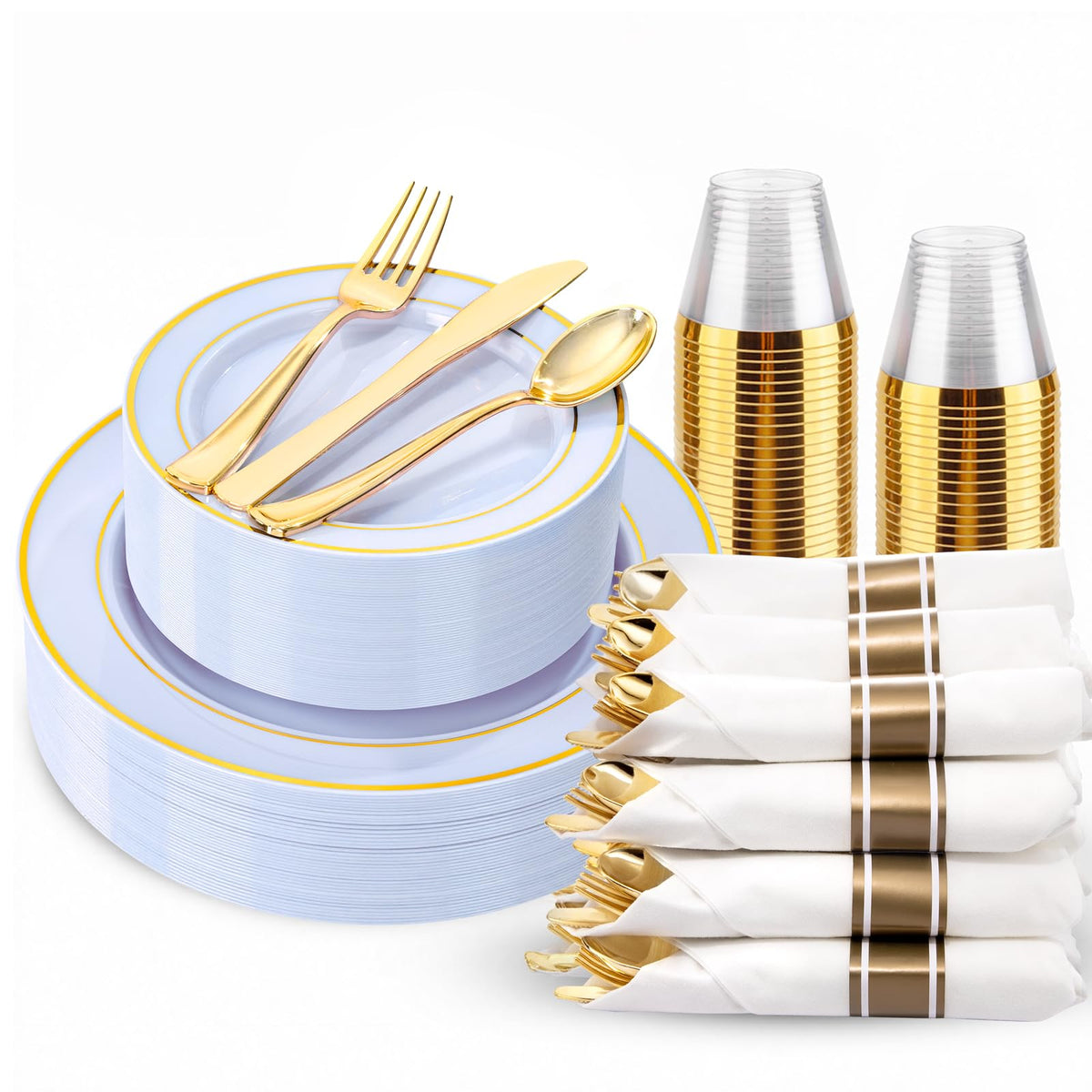 350 Pieces Black and Gold Plastic Plates with Disposable Silverware, Include 50 Dinner Plates 9”, 50 Dessert Plates 6.3”, 50 Black Cups 9 OZ, 50 Pre Rolled Napkins for Wedding/Party/Birthday/Halloween