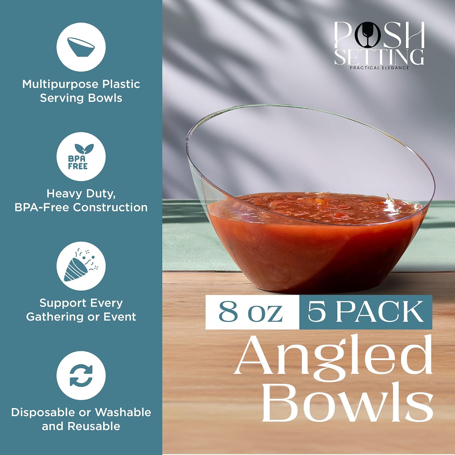 5 Pack Clear Angled Plastic Serving Bowls Disposable for Party Table 8oz | Angled Bowl Design. Chip, Candy, Salad & Fruit Use. Disposable Party Tableware. Buffet & Wedding Serving. Clear Plastic.