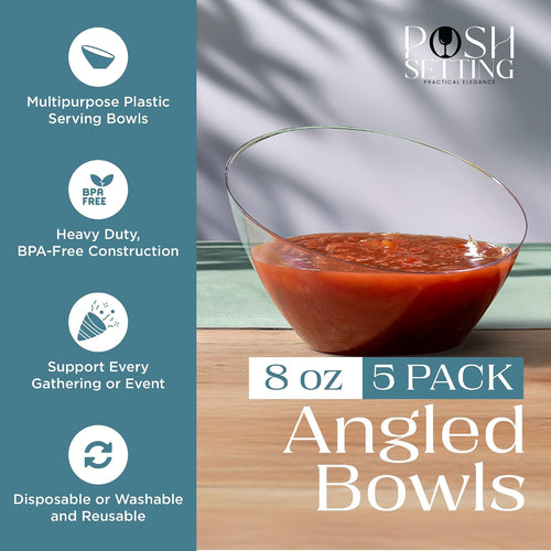 5 Pack Clear Angled Plastic Serving Bowls Disposable for Party Table 8oz | Angled Bowl Design. Chip, Candy, Salad & Fruit Use. Disposable Party Tableware. Buffet & Wedding Serving. Clear Plastic.