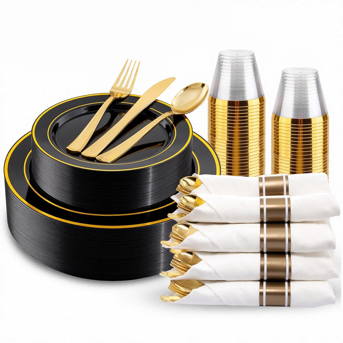 350 Pieces Black and Gold Plastic Plates with Disposable Silverware, Include 50 Dinner Plates 9”, 50 Dessert Plates 6.3”, 50 Black Cups 9 OZ, 50 Pre Rolled Napkins for Wedding/Party/Birthday/Halloween