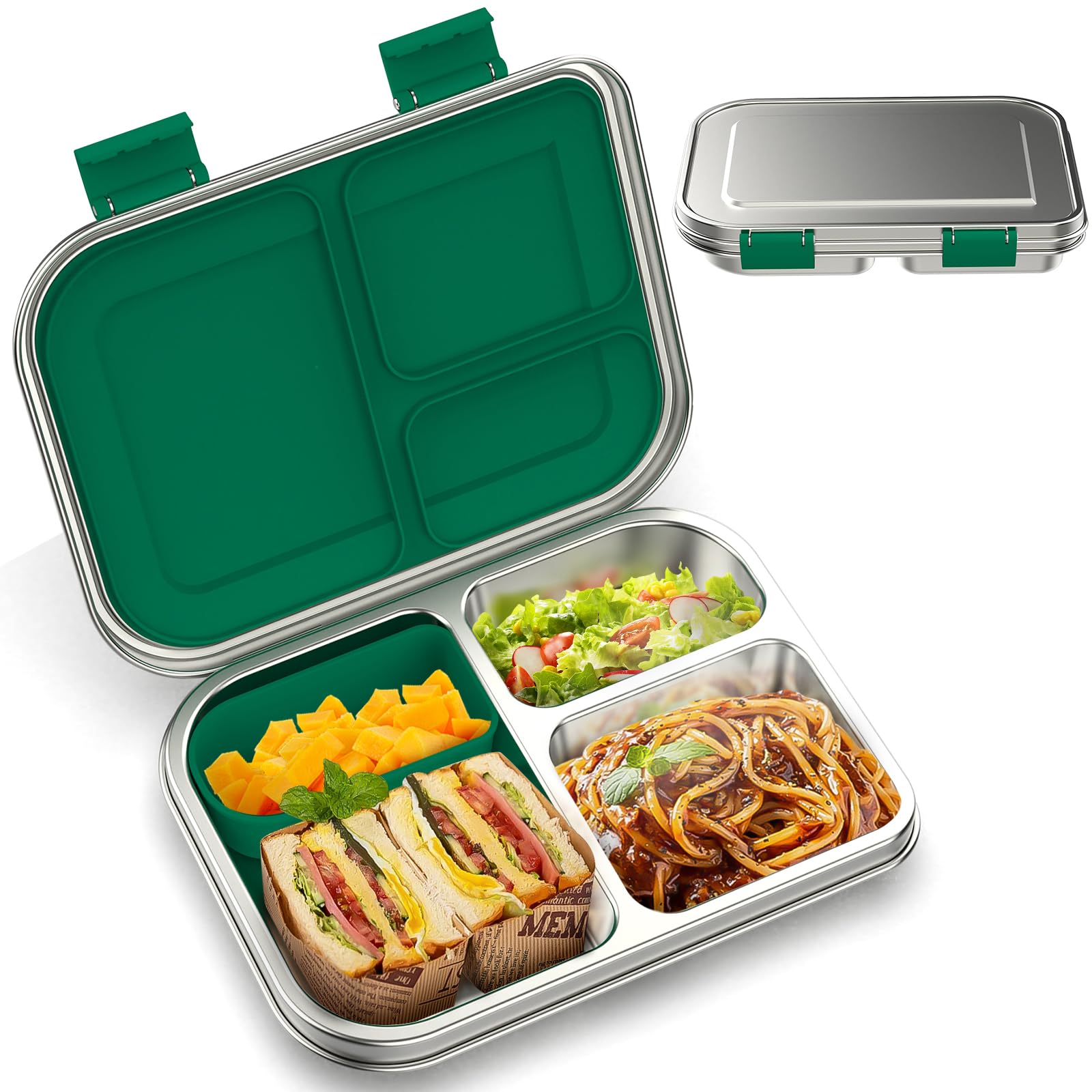 BOSEDSANG Stainless Steel Kids Leak-Resistant Bento Lunch Box, 3-Compartments with Silicone Container, Dishwasher-Safe, Child-Friendly Design for School, Picnics & Travel,BPA-Free (Blue)