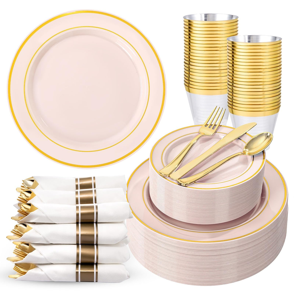 350 Pieces Black and Gold Plastic Plates with Disposable Silverware, Include 50 Dinner Plates 9”, 50 Dessert Plates 6.3”, 50 Black Cups 9 OZ, 50 Pre Rolled Napkins for Wedding/Party/Birthday/Halloween