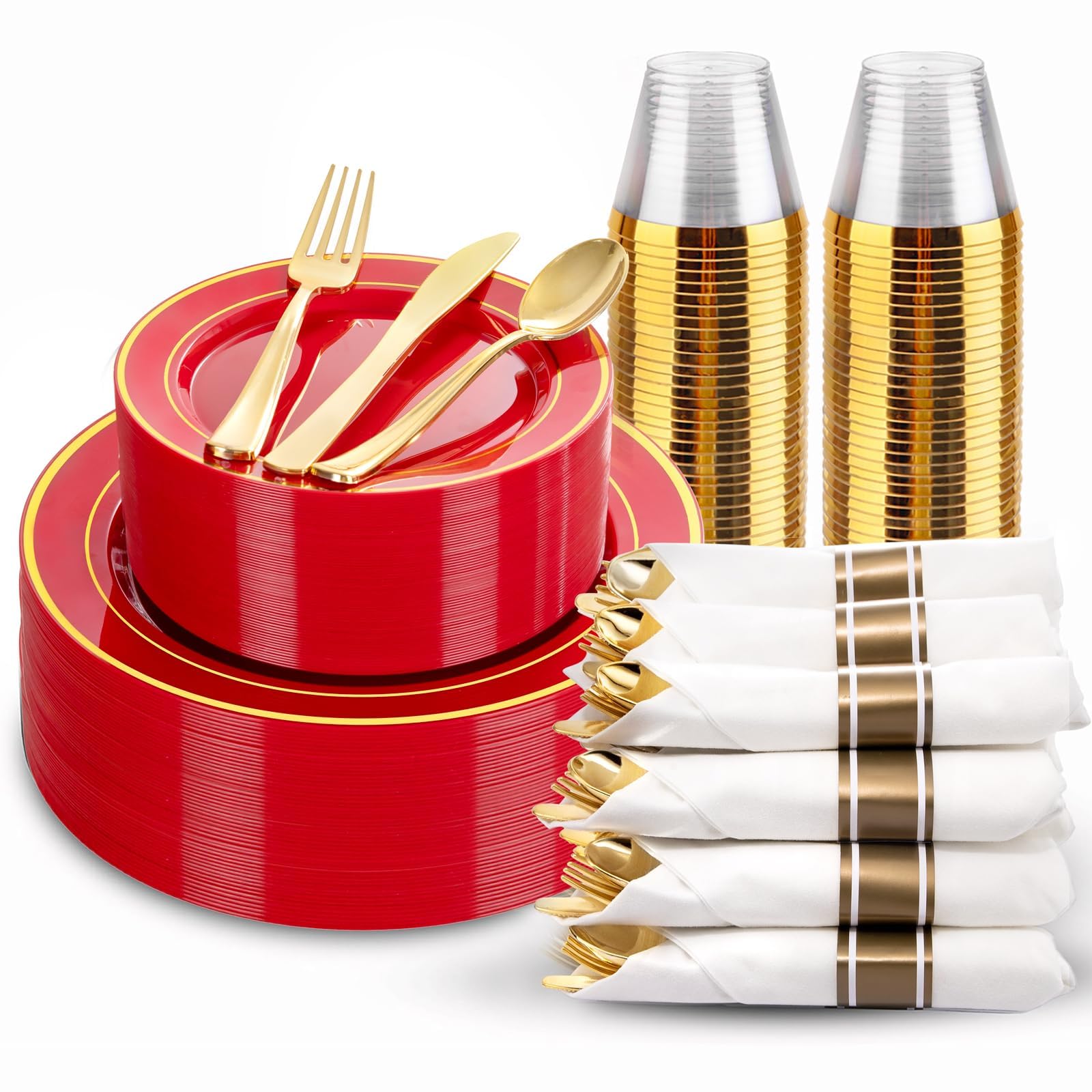 350 Pieces Black and Gold Plastic Plates with Disposable Silverware, Include 50 Dinner Plates 9”, 50 Dessert Plates 6.3”, 50 Black Cups 9 OZ, 50 Pre Rolled Napkins for Wedding/Party/Birthday/Halloween