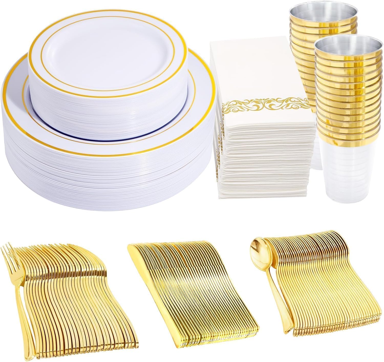 350 Pieces Black and Gold Plastic Plates with Disposable Silverware, Include 50 Dinner Plates 9”, 50 Dessert Plates 6.3”, 50 Black Cups 9 OZ, 50 Pre Rolled Napkins for Wedding/Party/Birthday/Halloween