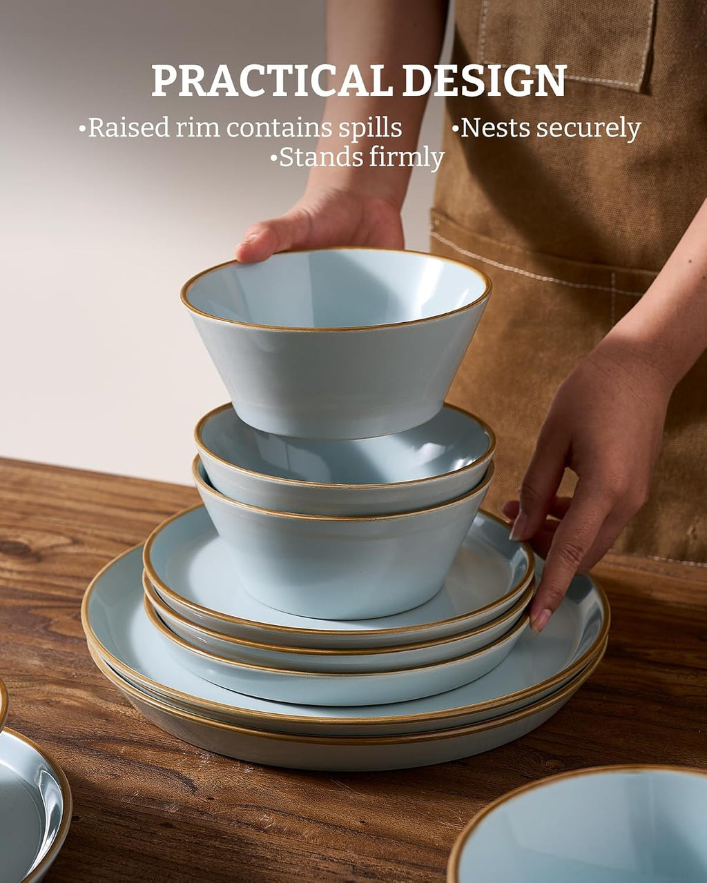Famiware Saturn Dinnerware Sets, Ceramic Dishes for 4, Rimmed Plates, Bowls | Light Blue, 12-Piece Microwave and Dishwasher Safe Stoneware, Chip & Scratch Resistant, Modern Rustic Tableware, Everyday Use