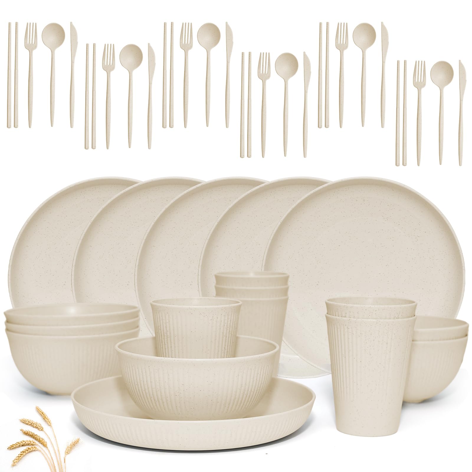 Wheat Straw Dinnerware Sets -DAPIPIK 36 Piece Unbreakable Dinnerware Sets for 6, Wheat Straw Plates and Bowls Set, Lightweight Camping Plates Cups and Bowls Set.Dishwasher Microwave Safe Dinnerware