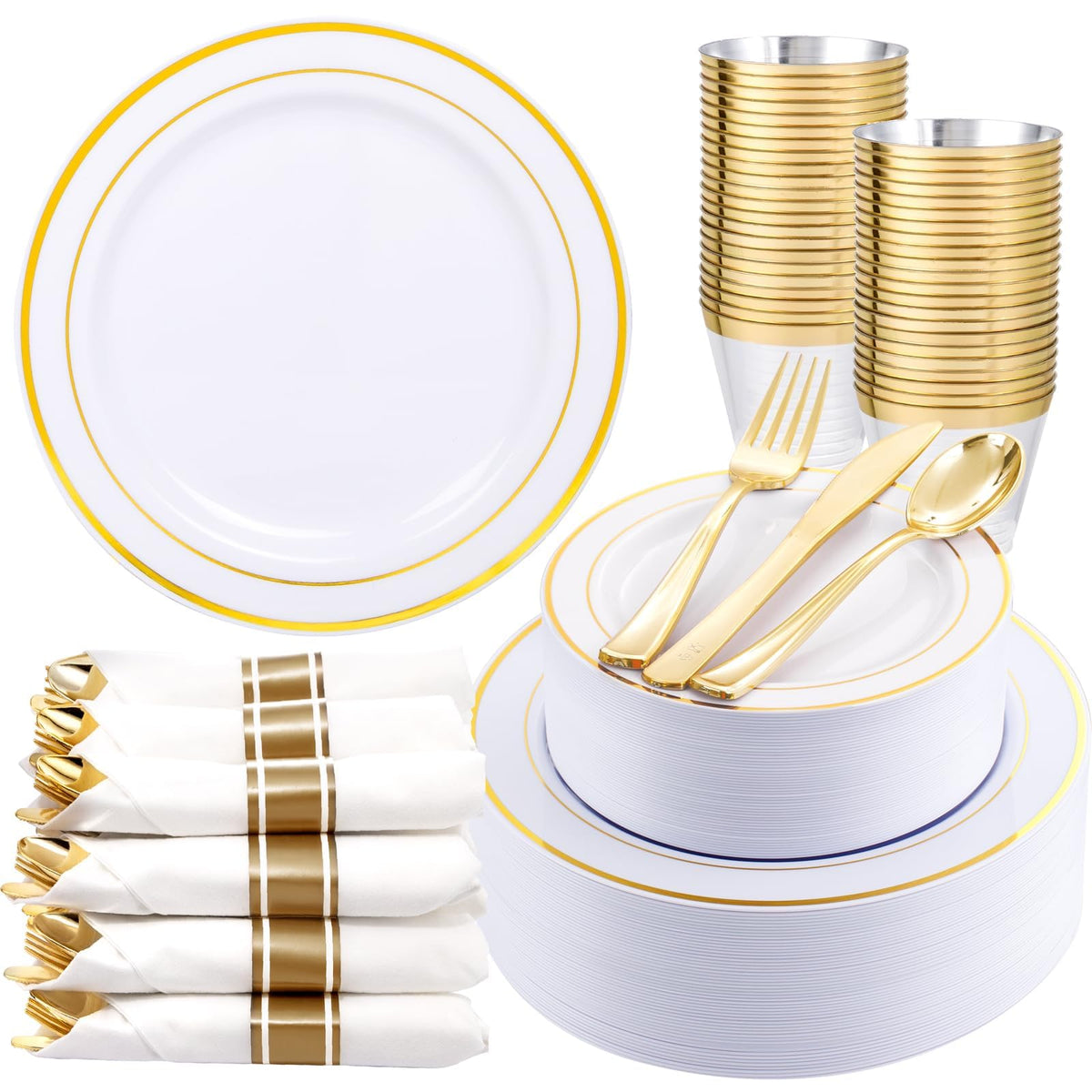 350 Pieces Black and Gold Plastic Plates with Disposable Silverware, Include 50 Dinner Plates 9”, 50 Dessert Plates 6.3”, 50 Black Cups 9 OZ, 50 Pre Rolled Napkins for Wedding/Party/Birthday/Halloween