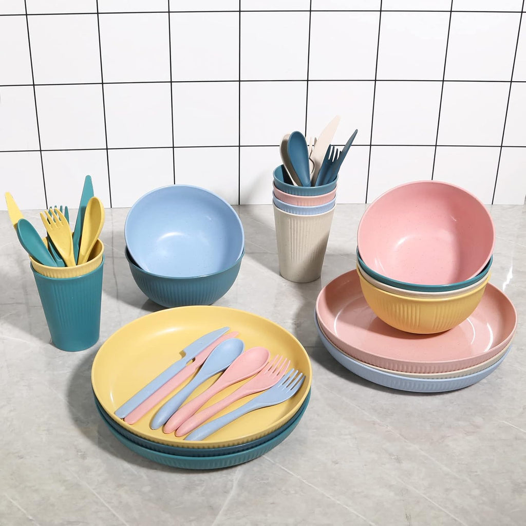 Wheat Straw Dinnerware Sets -DAPIPIK 36 Piece Unbreakable Dinnerware Sets for 6, Wheat Straw Plates and Bowls Set, Lightweight Camping Plates Cups and Bowls Set.Dishwasher Microwave Safe Dinnerware
