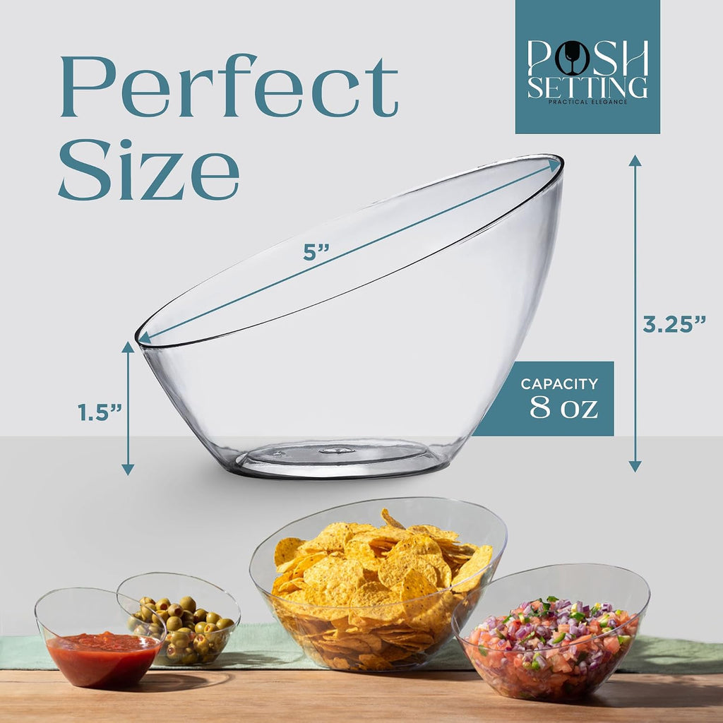 5 Pack Clear Angled Plastic Serving Bowls Disposable for Party Table 8oz | Angled Bowl Design. Chip, Candy, Salad & Fruit Use. Disposable Party Tableware. Buffet & Wedding Serving. Clear Plastic.