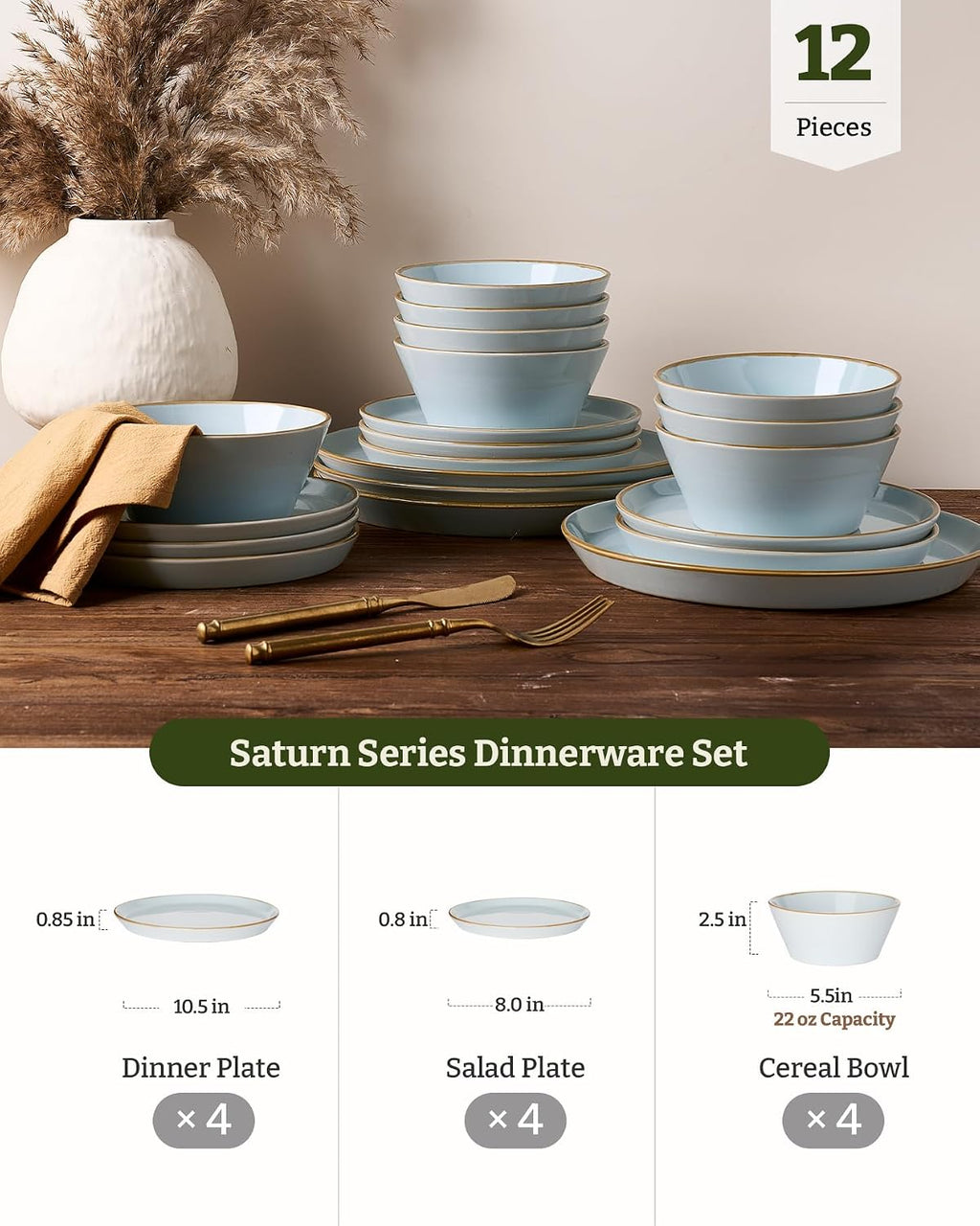 Famiware Saturn Dinnerware Sets, Ceramic Dishes for 4, Rimmed Plates, Bowls | Light Blue, 12-Piece Microwave and Dishwasher Safe Stoneware, Chip & Scratch Resistant, Modern Rustic Tableware, Everyday Use