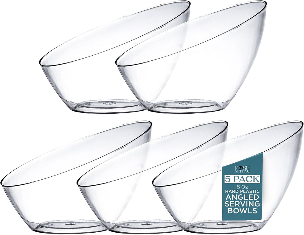 5 Pack Clear Angled Plastic Serving Bowls Disposable for Party Table 8oz | Angled Bowl Design. Chip, Candy, Salad & Fruit Use. Disposable Party Tableware. Buffet & Wedding Serving. Clear Plastic.