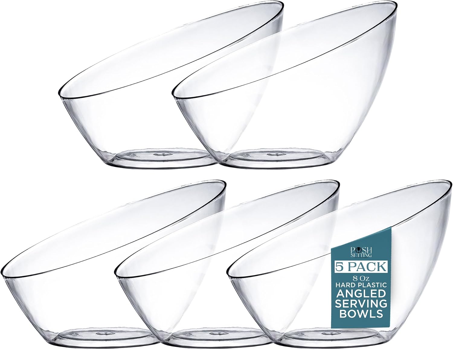 5 Pack Clear Angled Plastic Serving Bowls Disposable for Party Table 8oz | Angled Bowl Design. Chip, Candy, Salad & Fruit Use. Disposable Party Tableware. Buffet & Wedding Serving. Clear Plastic.