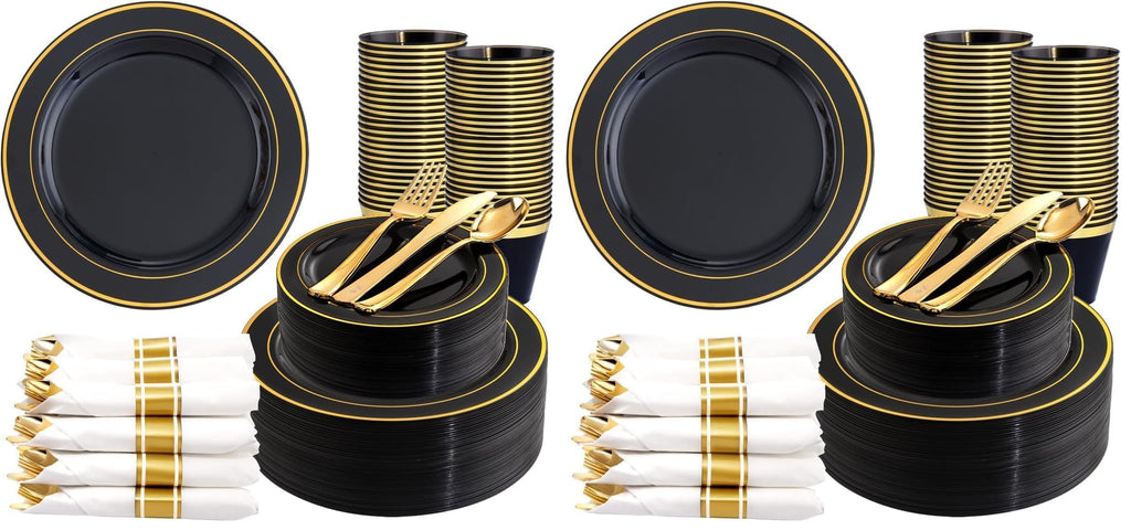 350 Pieces Black and Gold Plastic Plates with Disposable Silverware, Include 50 Dinner Plates 9”, 50 Dessert Plates 6.3”, 50 Black Cups 9 OZ, 50 Pre Rolled Napkins for Wedding/Party/Birthday/Halloween