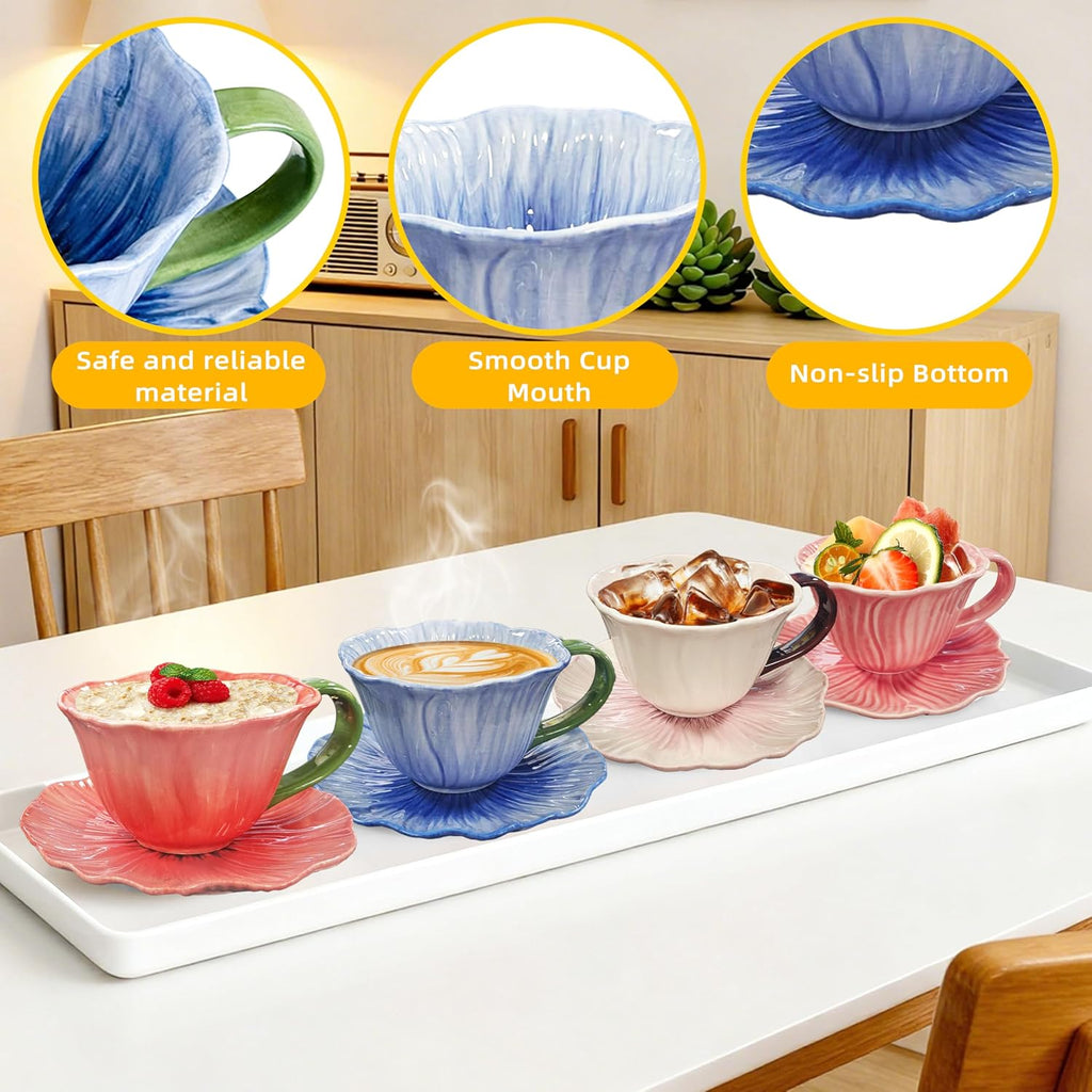 10 oz Tea Cups and Saucers, Ceramic Flower-shaped Cappuccino Cup, Latte Cup and Saucer set, elegant floral Espresso Cup set, Suitable for microwave and dishwasher-Blue