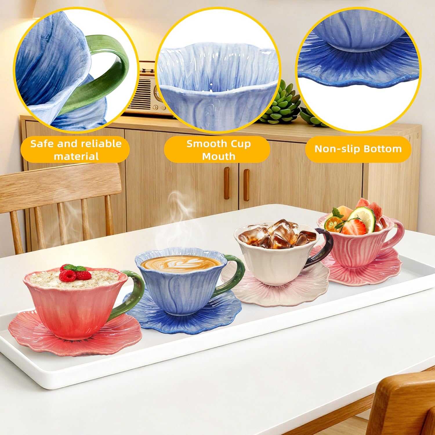 10 oz Tea Cups and Saucers, Ceramic Flower-shaped Cappuccino Cup, Latte Cup and Saucer set, elegant floral Espresso Cup set, Suitable for microwave and dishwasher-Blue