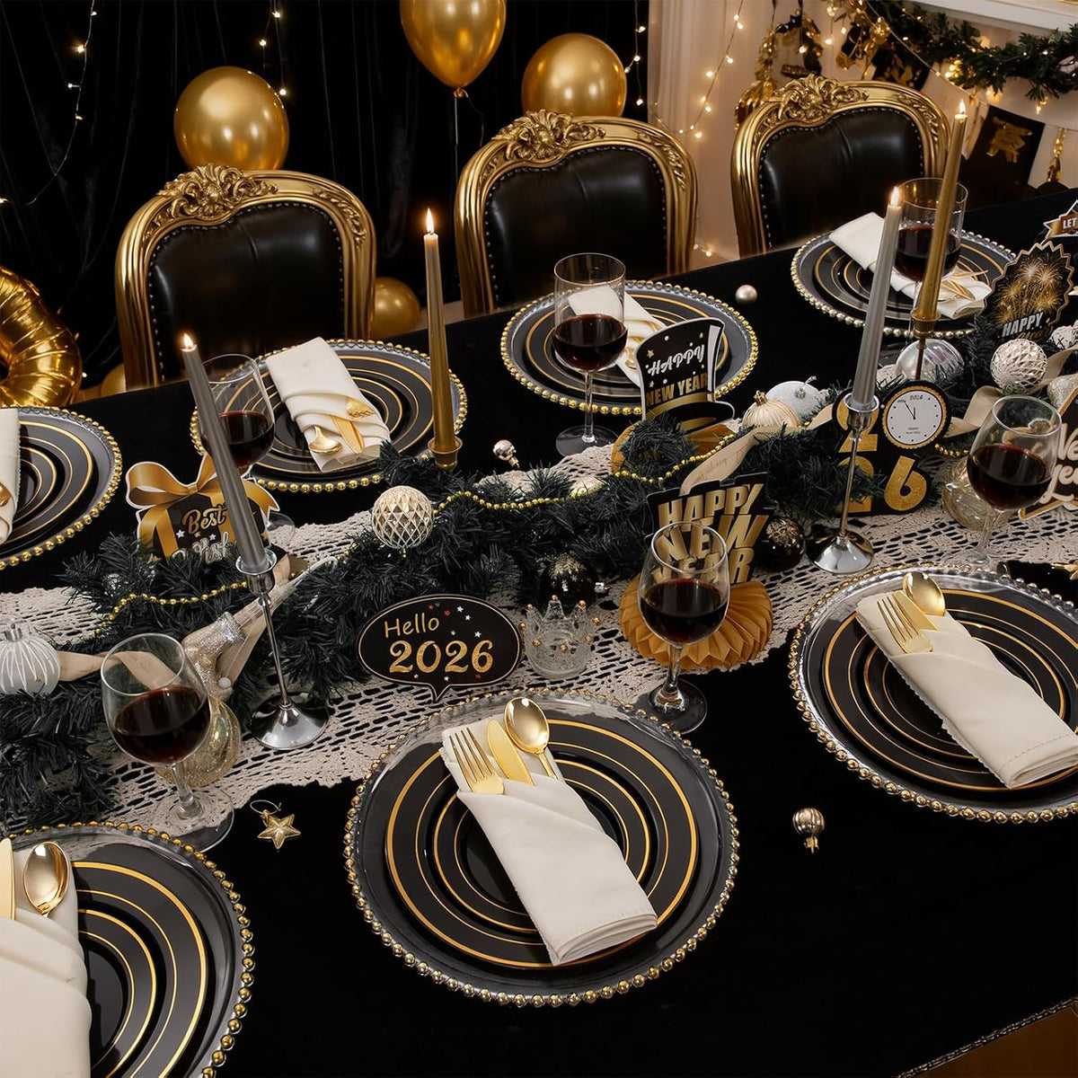 350 Pieces Black and Gold Plastic Plates with Disposable Silverware, Include 50 Dinner Plates 9”, 50 Dessert Plates 6.3”, 50 Black Cups 9 OZ, 50 Pre Rolled Napkins for Wedding/Party/Birthday/Halloween