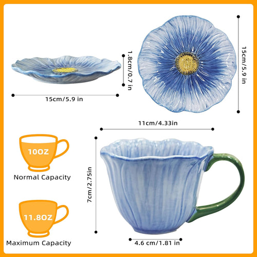 10 oz Tea Cups and Saucers, Ceramic Flower-shaped Cappuccino Cup, Latte Cup and Saucer set, elegant floral Espresso Cup set, Suitable for microwave and dishwasher-Blue