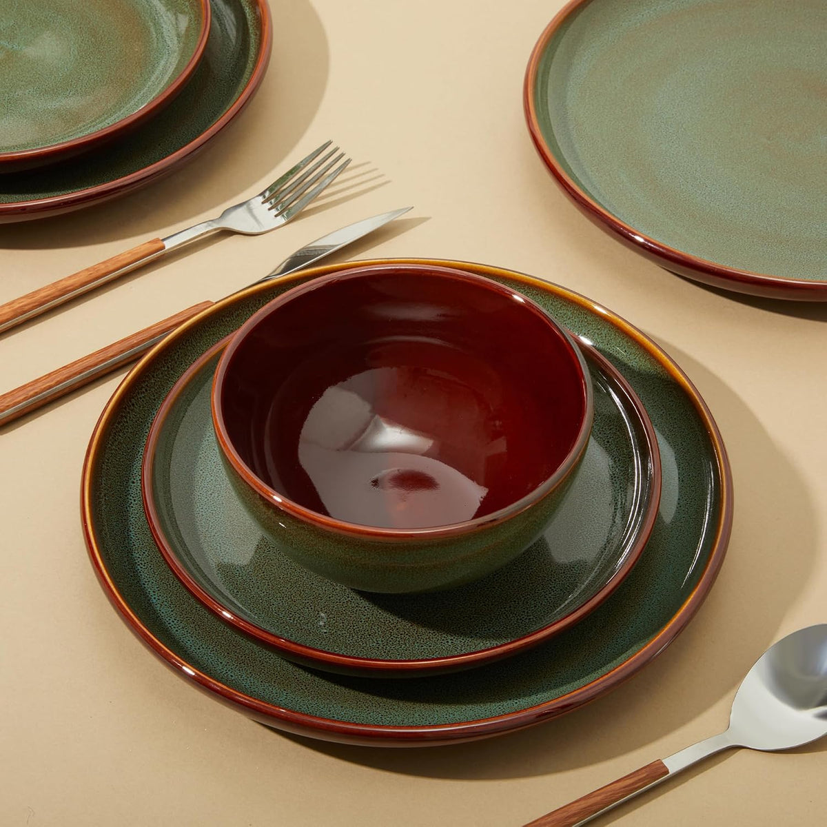 Pokini Stoneware Dinnerware Sets, Ceramic Plates and Bowls Set, Microwave & Dishwasher Safe Kitchen Dishes, Modern Dinner Salad Plates | Cereal Bowls, Dishware Sets Service for 4 Sage Green | Stoneware Dishware sets, Microwave & Dishwasher Safe, Cereal Bo