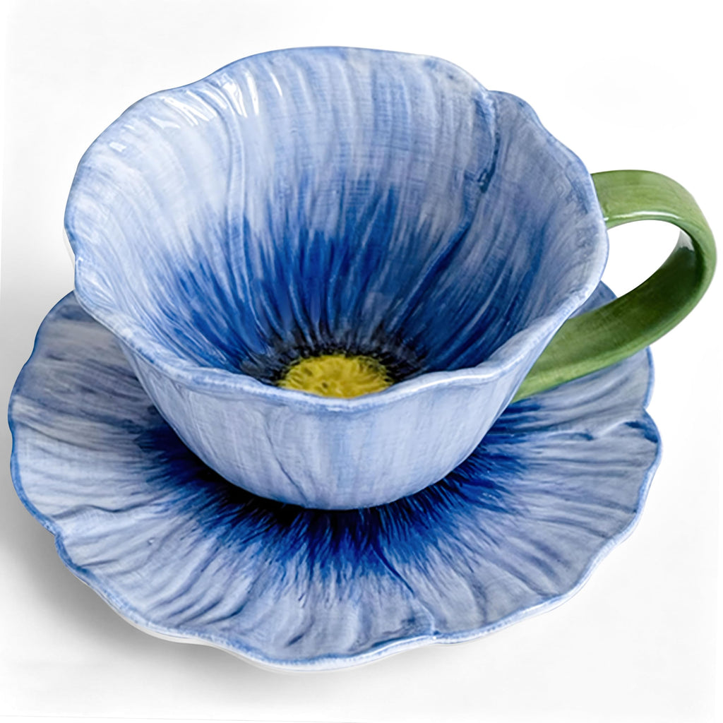 10 oz Tea Cups and Saucers, Ceramic Flower-shaped Cappuccino Cup, Latte Cup and Saucer set, elegant floral Espresso Cup set, Suitable for microwave and dishwasher-Blue