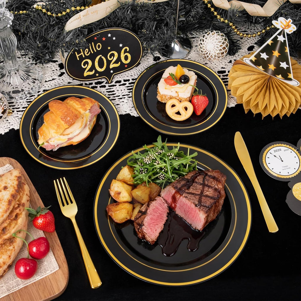 350 Pieces Black and Gold Plastic Plates with Disposable Silverware, Include 50 Dinner Plates 9”, 50 Dessert Plates 6.3”, 50 Black Cups 9 OZ, 50 Pre Rolled Napkins for Wedding/Party/Birthday/Halloween