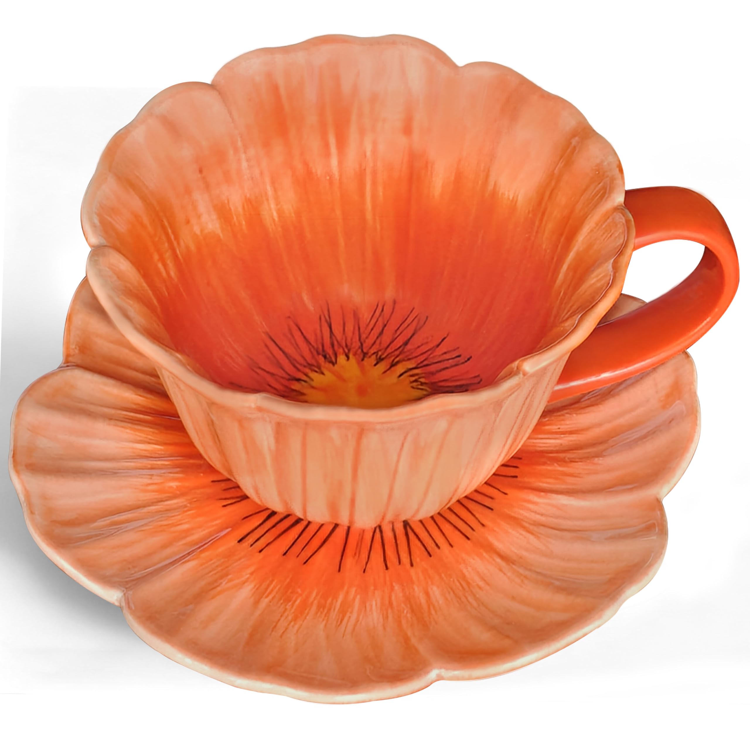 10 oz Tea Cups and Saucers, Ceramic Flower-shaped Cappuccino Cup, Latte Cup and Saucer set, elegant floral Espresso Cup set, Suitable for microwave and dishwasher-Blue