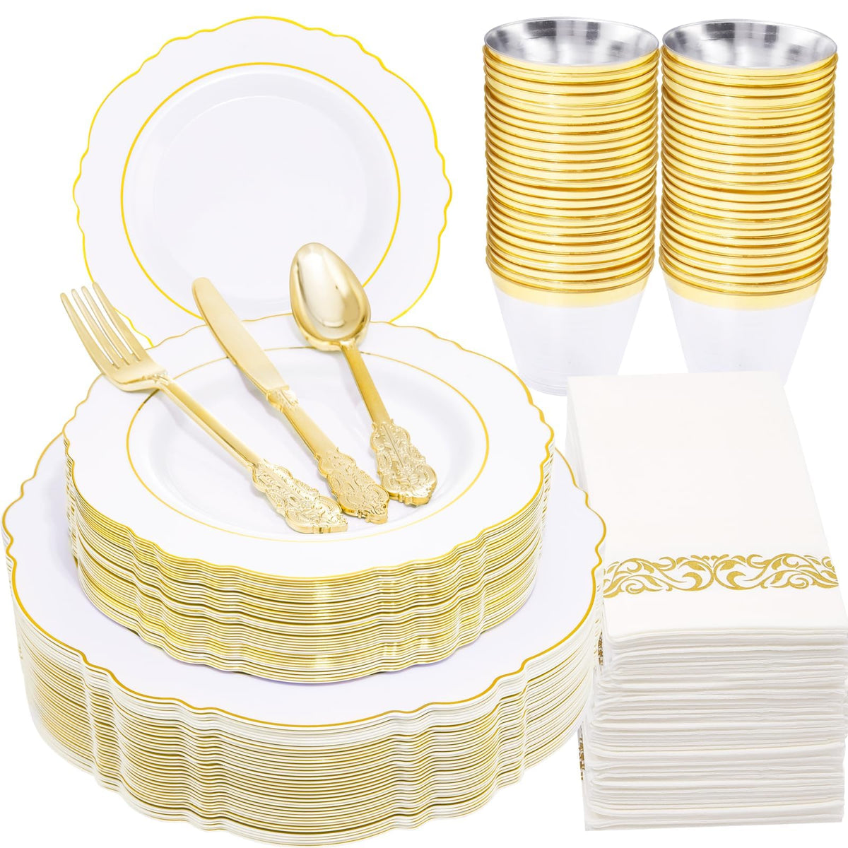 350 Pieces Black and Gold Plastic Plates with Disposable Silverware, Include 50 Dinner Plates 9”, 50 Dessert Plates 6.3”, 50 Black Cups 9 OZ, 50 Pre Rolled Napkins for Wedding/Party/Birthday/Halloween