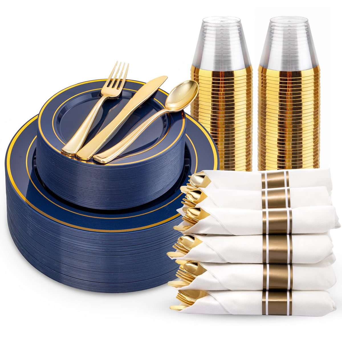 350 Pieces Black and Gold Plastic Plates with Disposable Silverware, Include 50 Dinner Plates 9”, 50 Dessert Plates 6.3”, 50 Black Cups 9 OZ, 50 Pre Rolled Napkins for Wedding/Party/Birthday/Halloween
