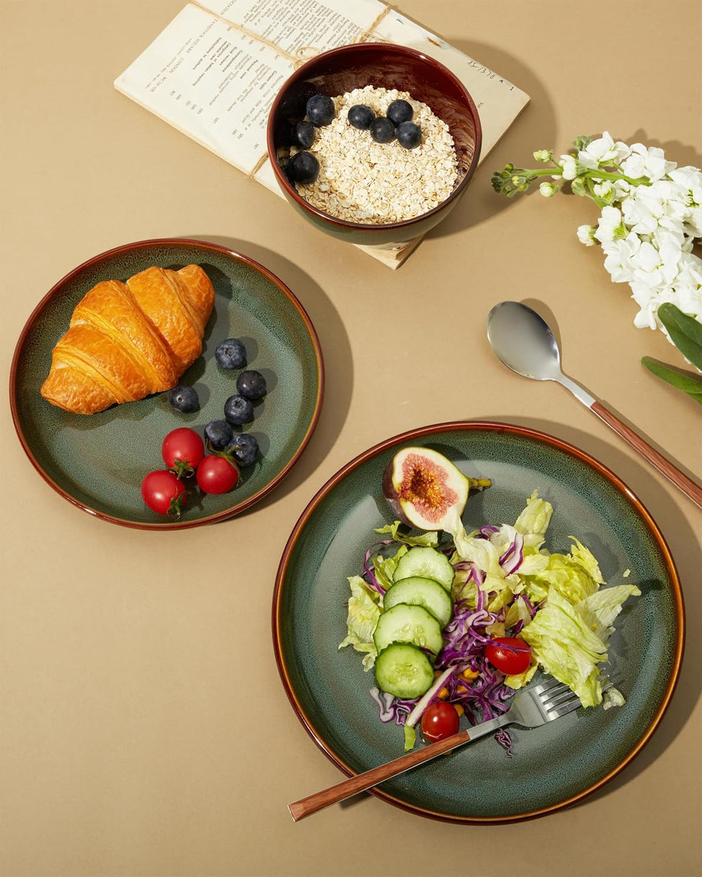 Pokini Stoneware Dinnerware Sets, Ceramic Plates and Bowls Set, Microwave & Dishwasher Safe Kitchen Dishes, Modern Dinner Salad Plates | Cereal Bowls, Dishware Sets Service for 4 Sage Green | Stoneware Dishware sets, Microwave & Dishwasher Safe, Cereal Bo