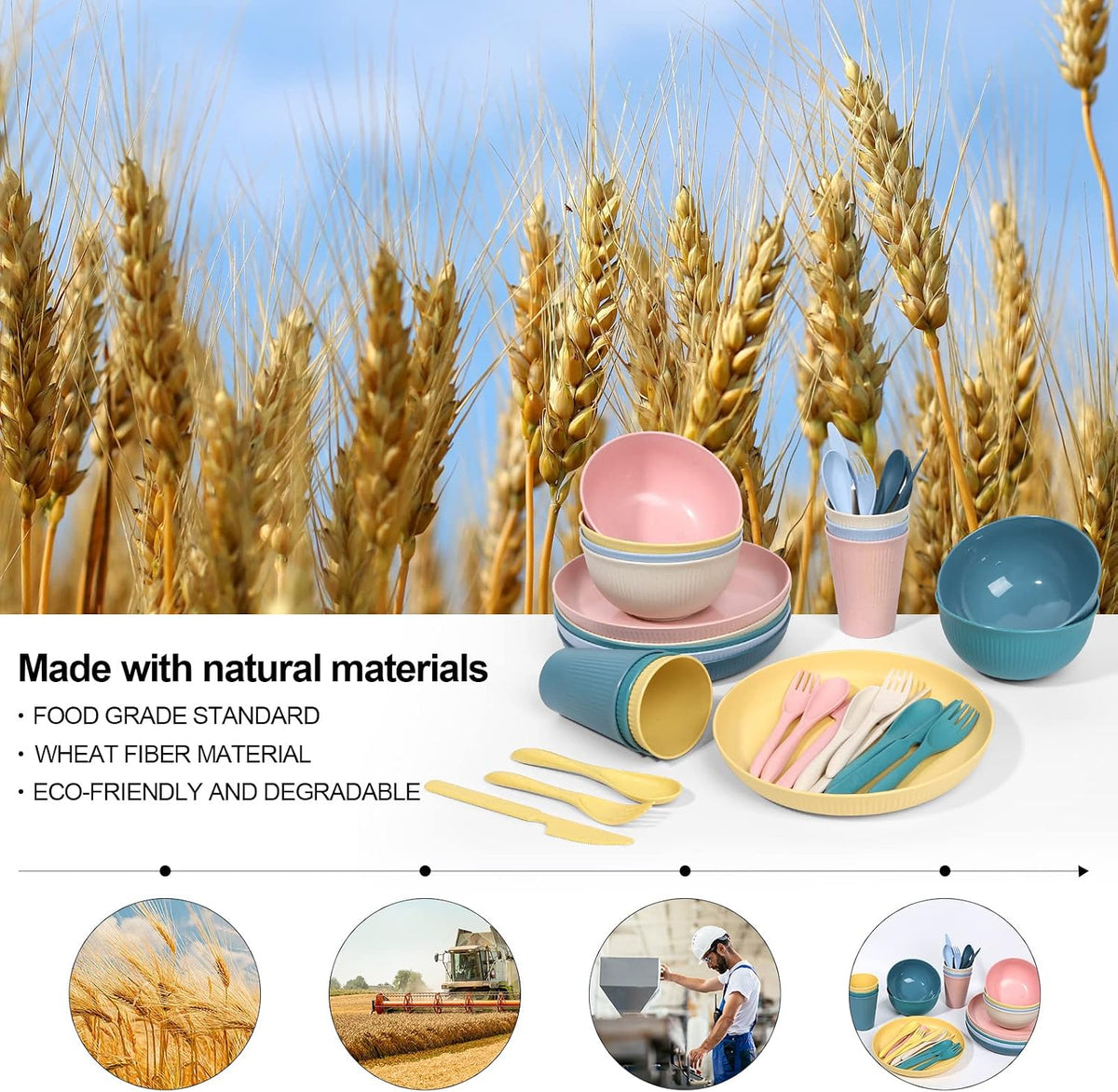 Wheat Straw Dinnerware Sets -DAPIPIK 36 Piece Unbreakable Dinnerware Sets for 6, Wheat Straw Plates and Bowls Set, Lightweight Camping Plates Cups and Bowls Set.Dishwasher Microwave Safe Dinnerware